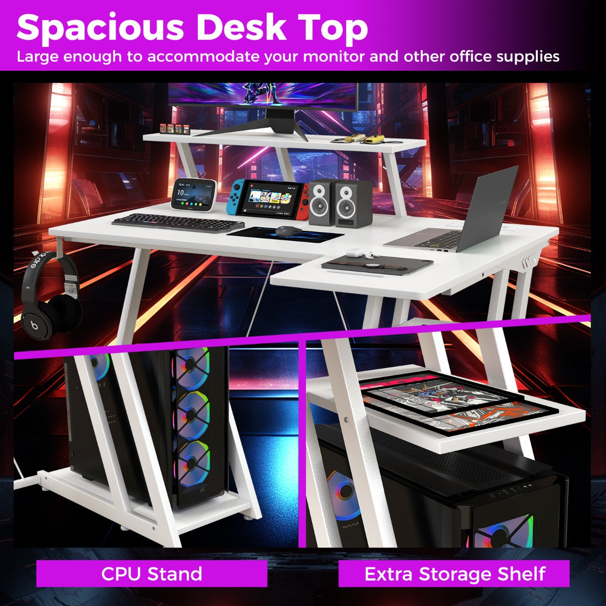 Computer Desk with Built-in Charge Station for Office Room Study-White