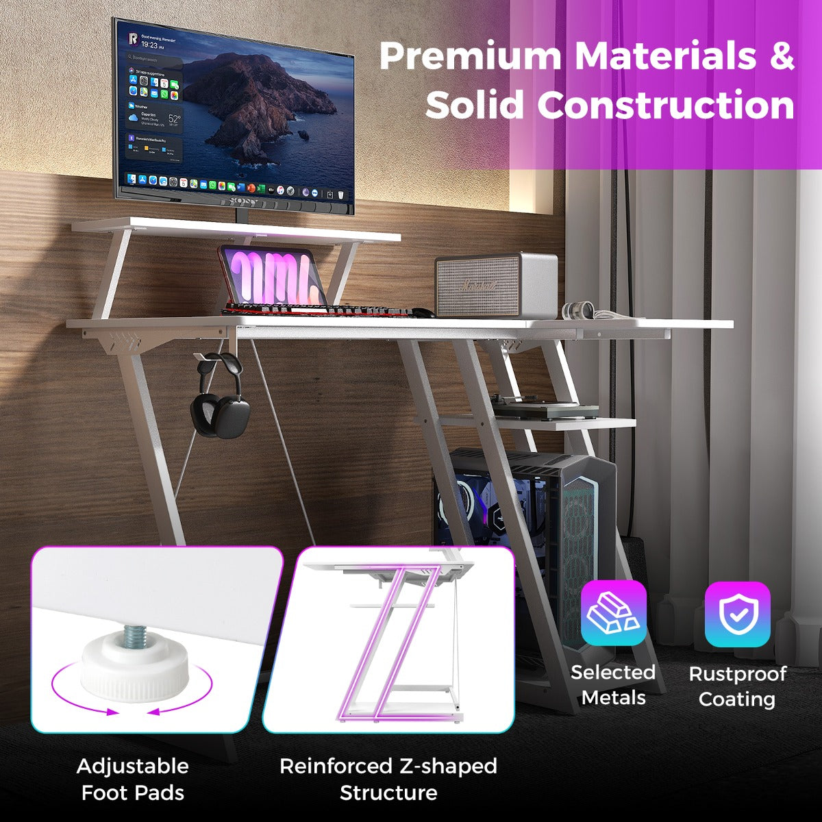 Computer Desk with Built-in Charge Station for Office Room Study-White