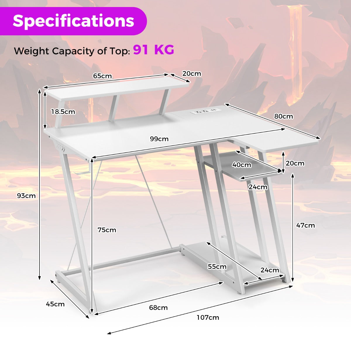 Computer Desk with Built-in Charge Station for Office Room Study-White