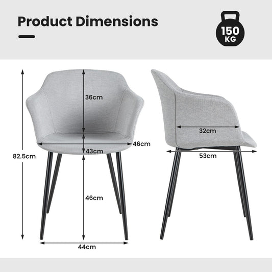 Set of two gray or off-white dining chairs with linen upholstery, sponge cushions, and black metal legs