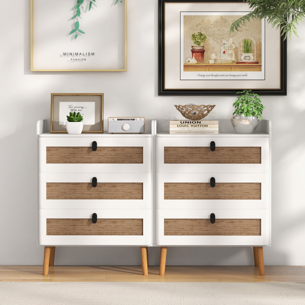 Modern End Table Bedside Table with 2/3 Rattan Decorated Drawers for Bedroom-3-Tier