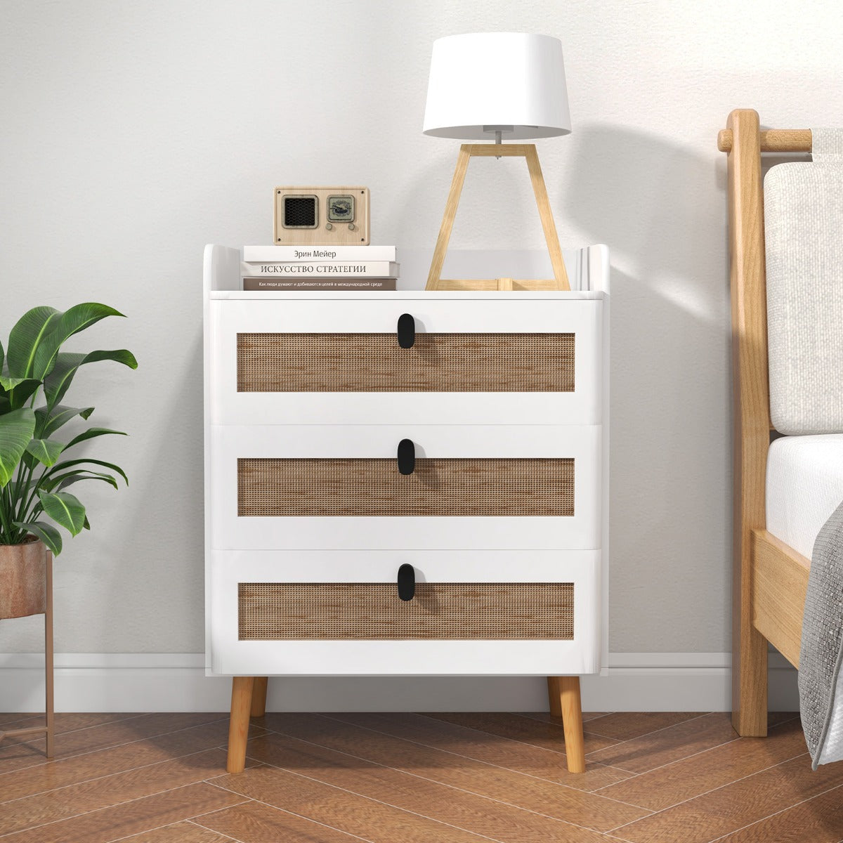 Modern End Table Bedside Table with 2/3 Rattan Decorated Drawers for Bedroom-3-Tier