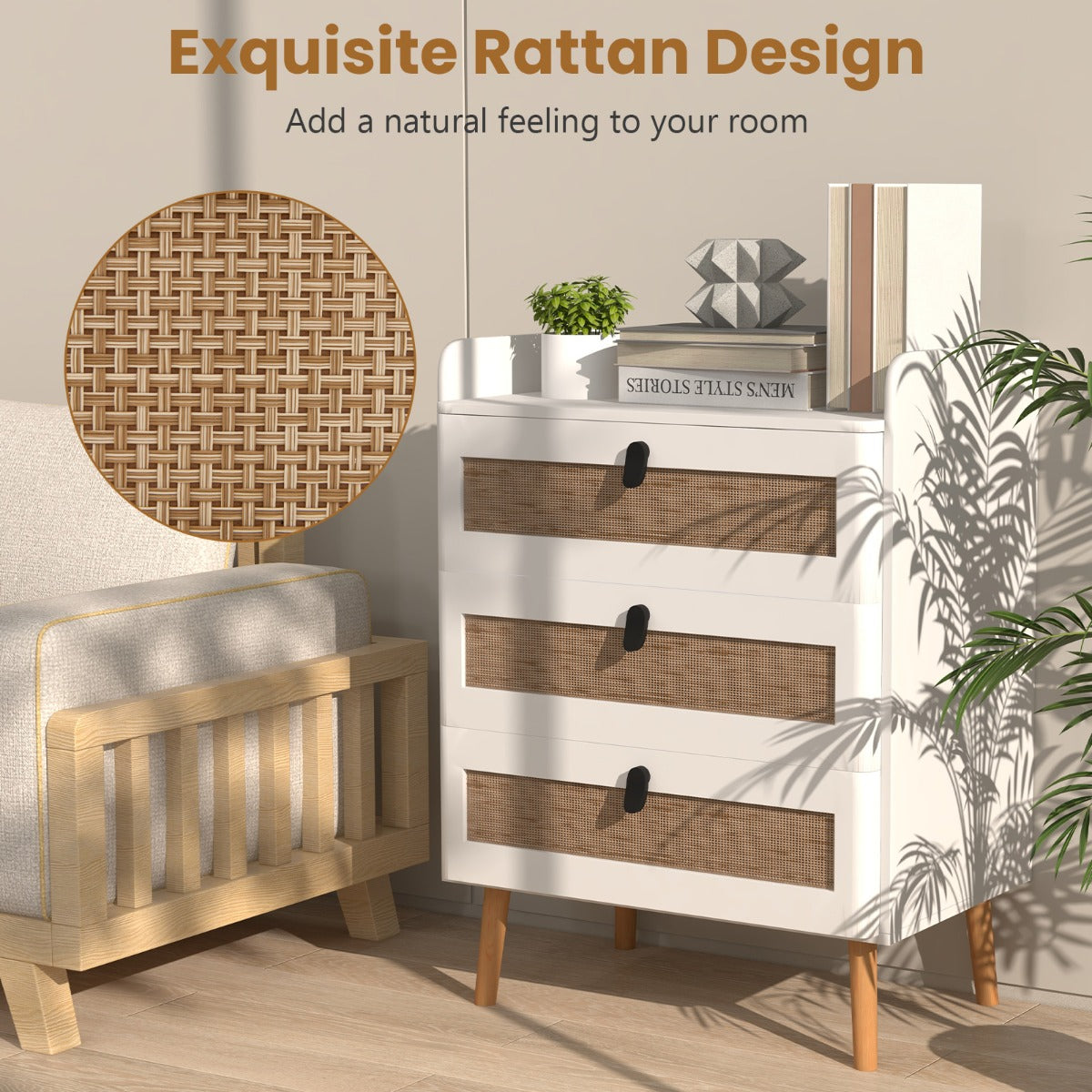 Modern End Table Bedside Table with 2/3 Rattan Decorated Drawers for Bedroom-3-Tier