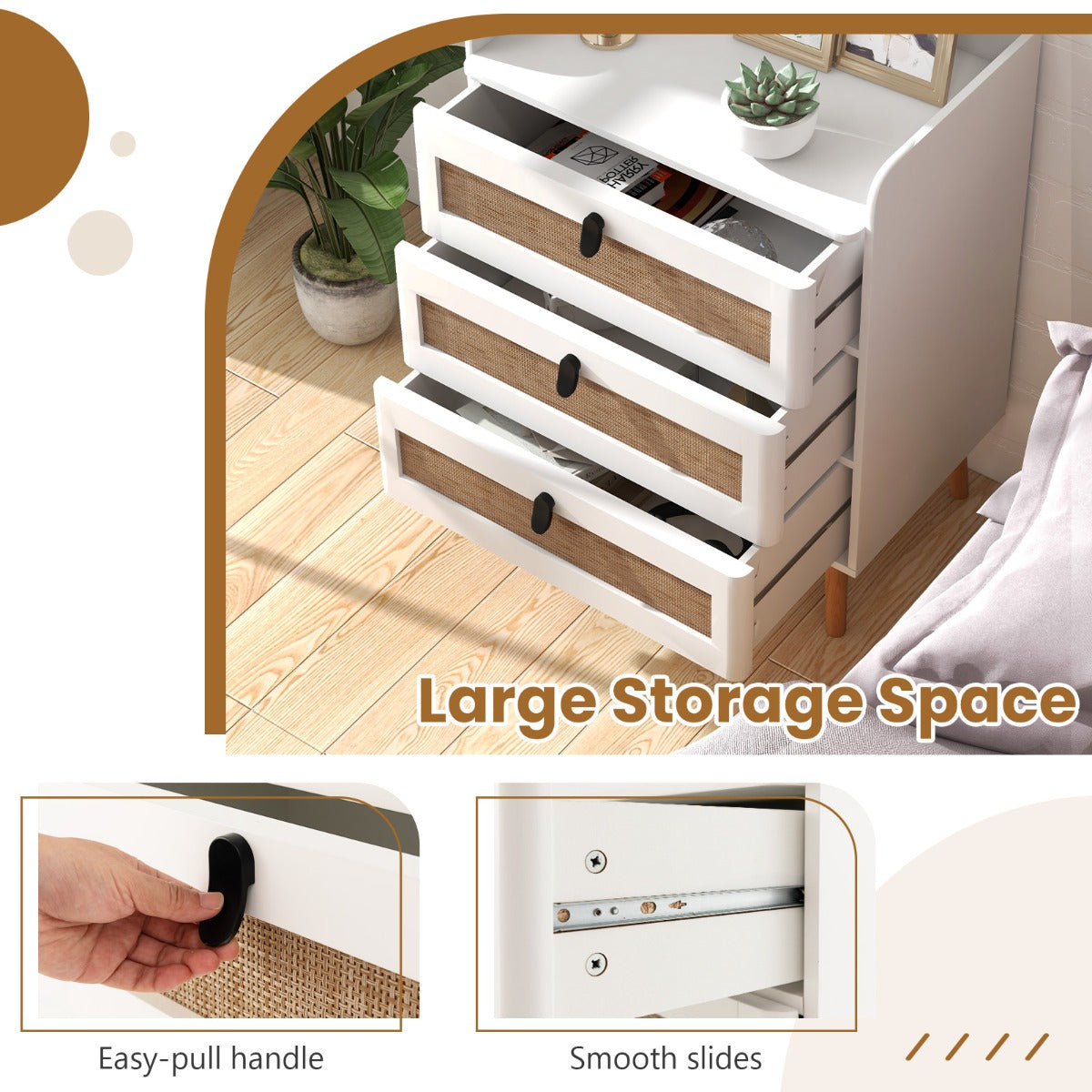Modern End Table Bedside Table with 2/3 Rattan Decorated Drawers for Bedroom-3-Tier