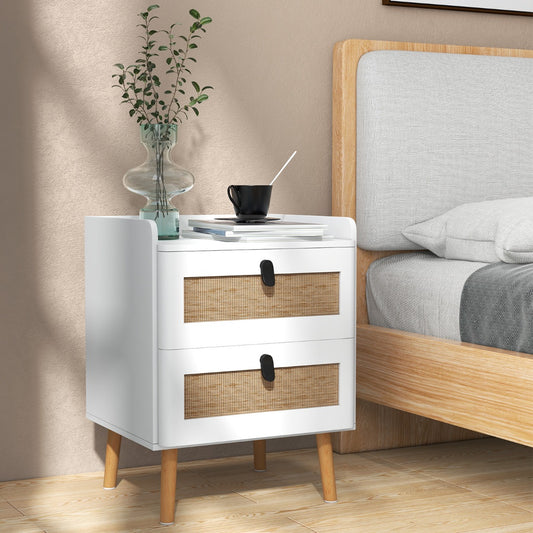 Costway Modern End Table Bedside Table with 2/3 Rattan Decorated Drawers for Bedroom-2-Tier
