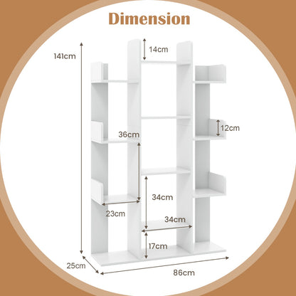Tree Bookshelf with 13 Open Shelves for Living Room Study or Office-White