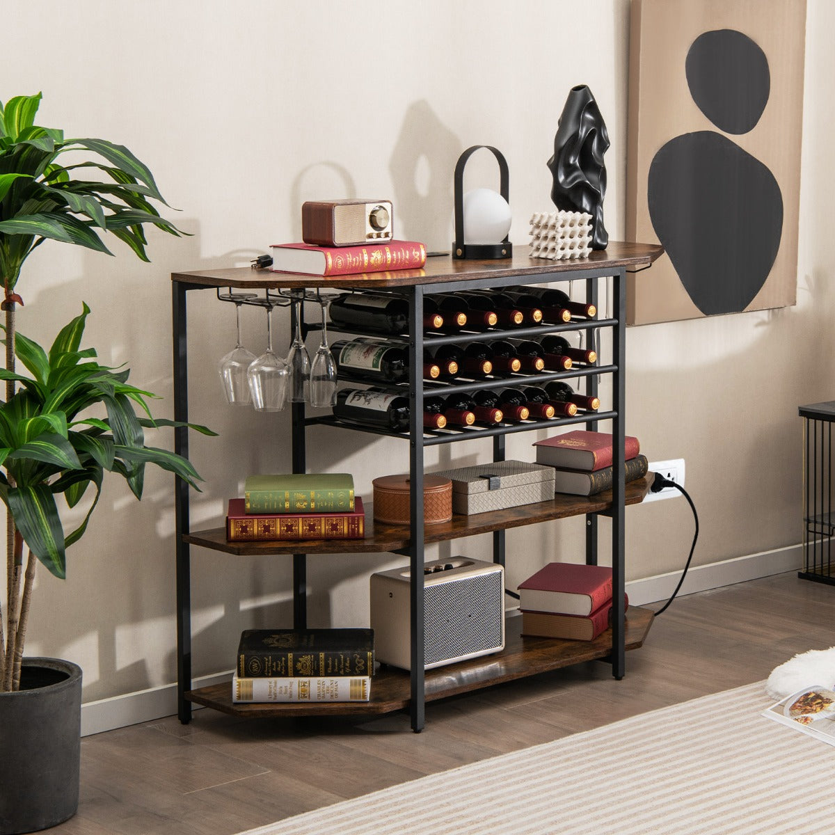 Costway Wine Rack Table with Power Outlets for Kitchen Dining Room-Brown