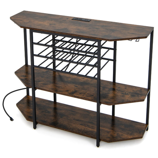 Three-tier wine cabinet stores up to 21 bottles, eight wine glasses and kitchen supplies