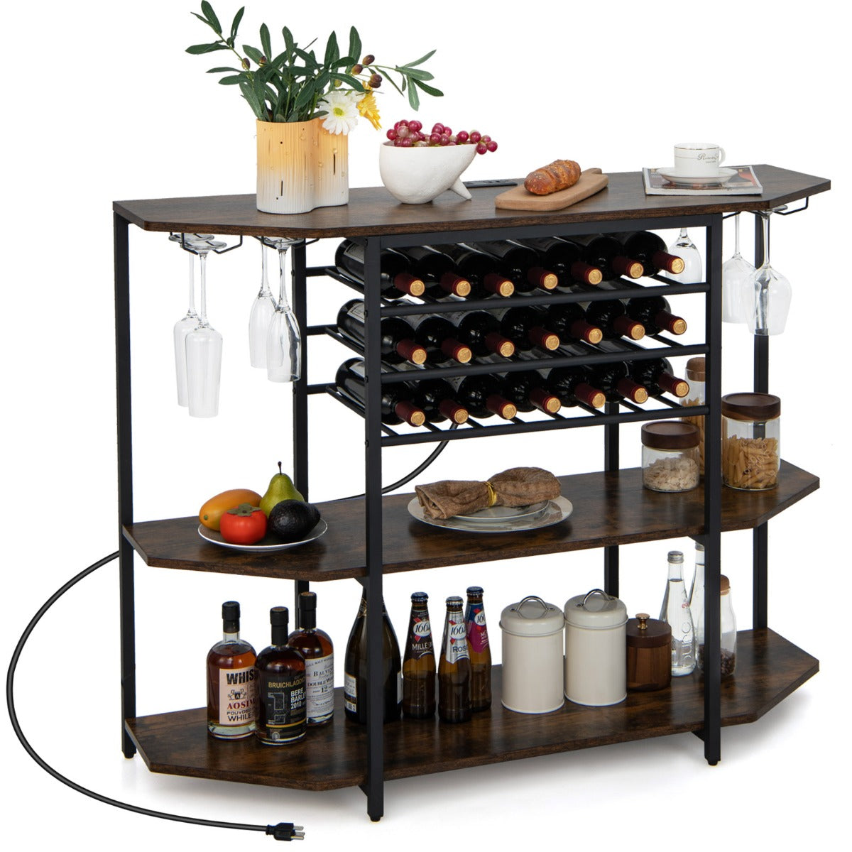Costway Wine Rack Table with Power Outlets for Kitchen Dining Room-Brown