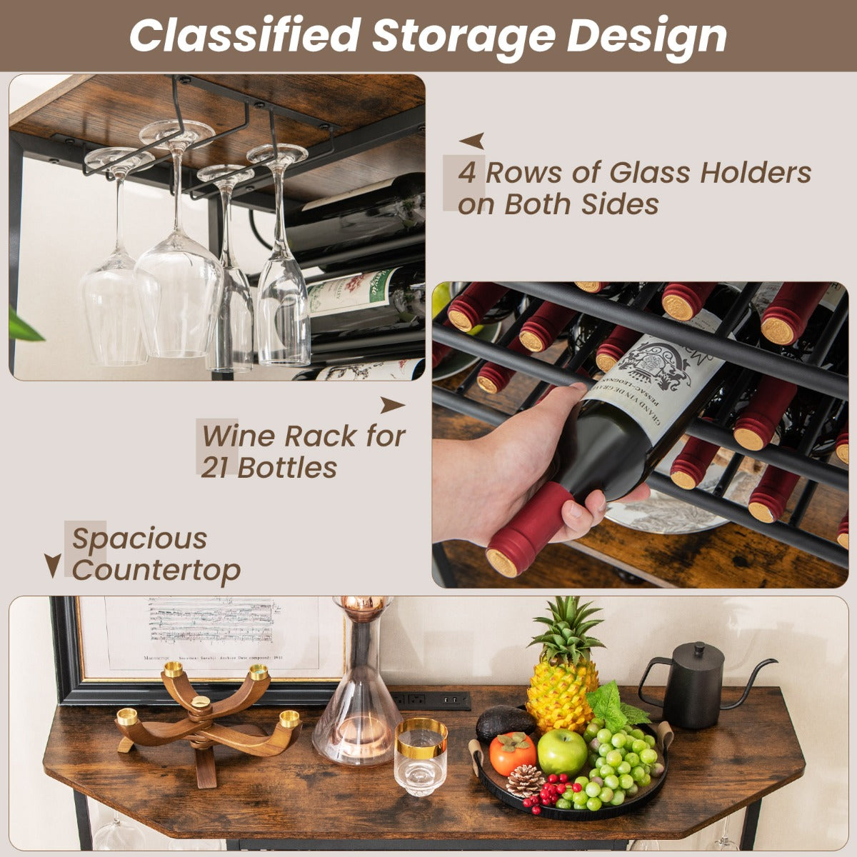 Costway Wine Rack Table with Power Outlets for Kitchen Dining Room-Brown