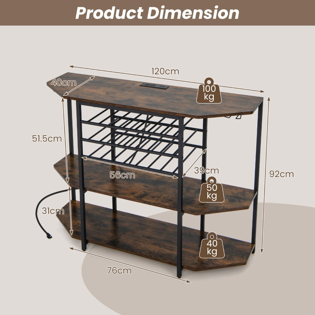Costway Wine Rack Table with Power Outlets for Kitchen Dining Room-Brown