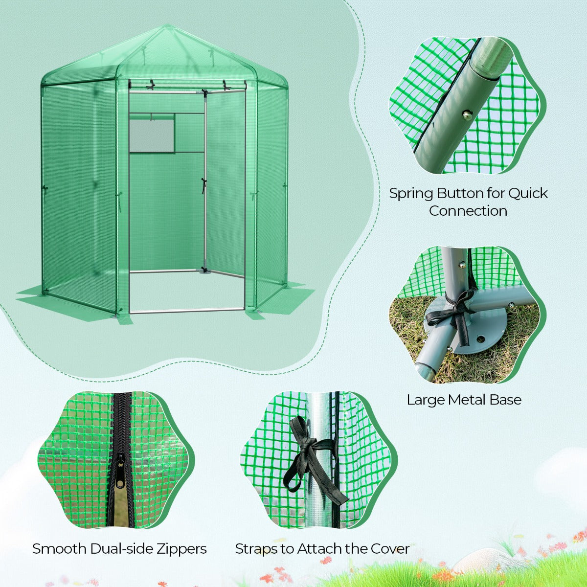 Green backyard greenhouse includes push-button connectors and clear instructions for simpler setup