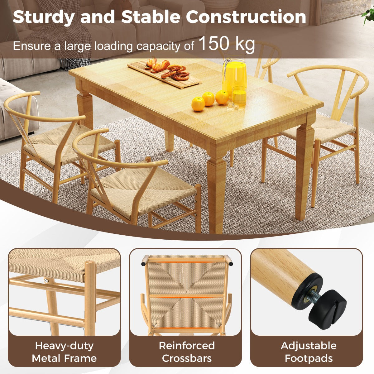 Mid-Century Modern Wishbone Dining Chair Set of 2-Natural