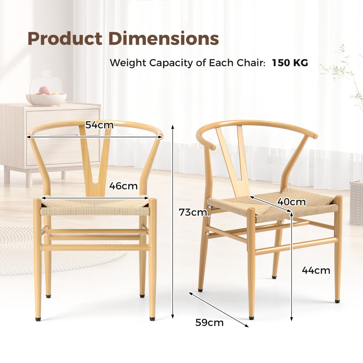 Mid-Century Modern Wishbone Dining Chair Set of 2-Natural