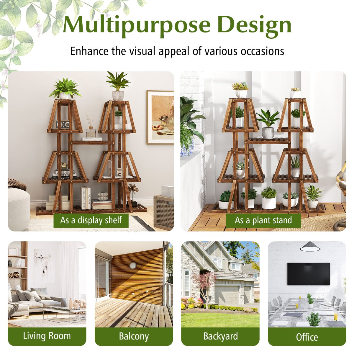 Use this versatile rack as a plant stand, display shelf, bookcase, or decorative storage unit