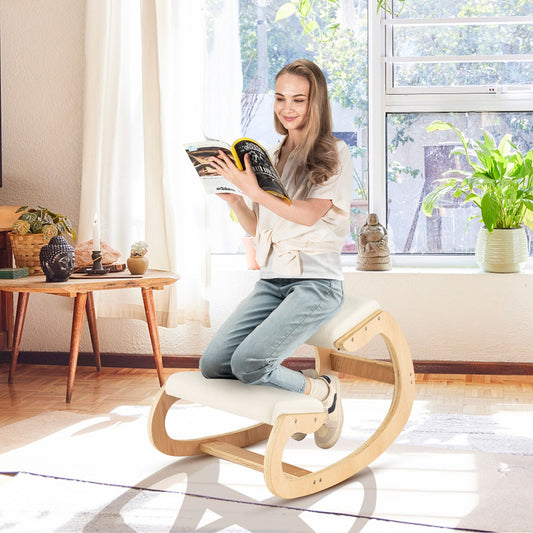 Costway Wood Rocking Posture Chair with Soft Cushion-Beige