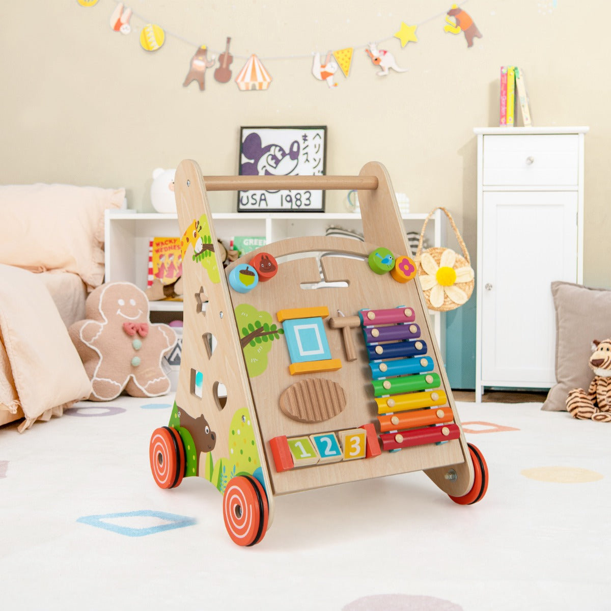 Wooden Baby Push Walker with Handle and Wheels-Natural