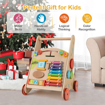 Wooden Baby Push Walker with Handle and Wheels-Natural