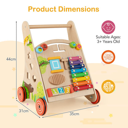 Wooden Baby Push Walker with Handle and Wheels-Natural