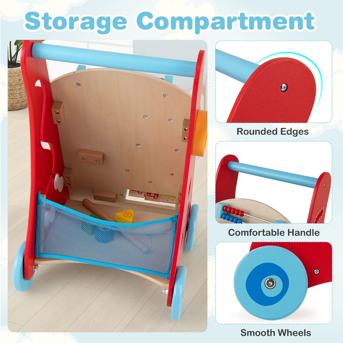 Wooden Baby Push Walker with Storage and Wheels for Boys and Girls 3+ Years Old-Natural