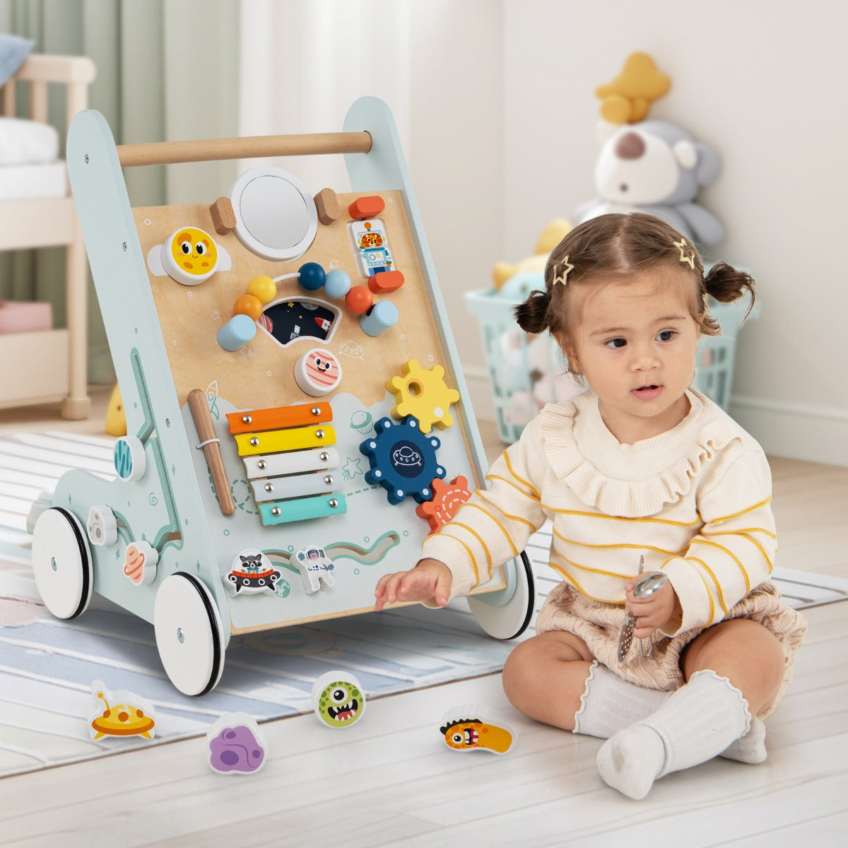 8-in-1 Wooden Baby Walker with Wheels for Toddlers 1+ Years Old-Green