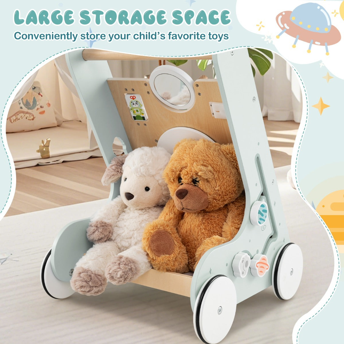 8-in-1 Wooden Baby Walker with Wheels for Toddlers 1+ Years Old-Green