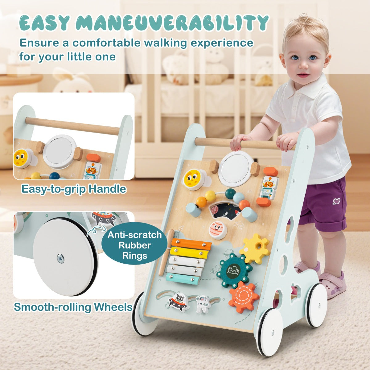 8-in-1 Wooden Baby Walker with Wheels for Toddlers 1+ Years Old-Green