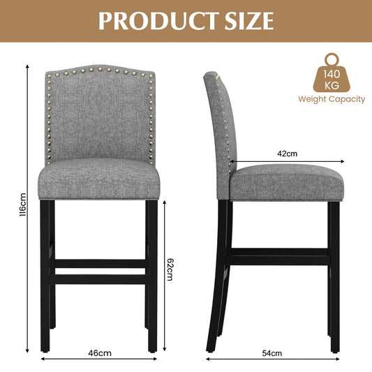 Set of two upholstered bar chairs with breathable linen fabric, sponge cushions, and wooden legs