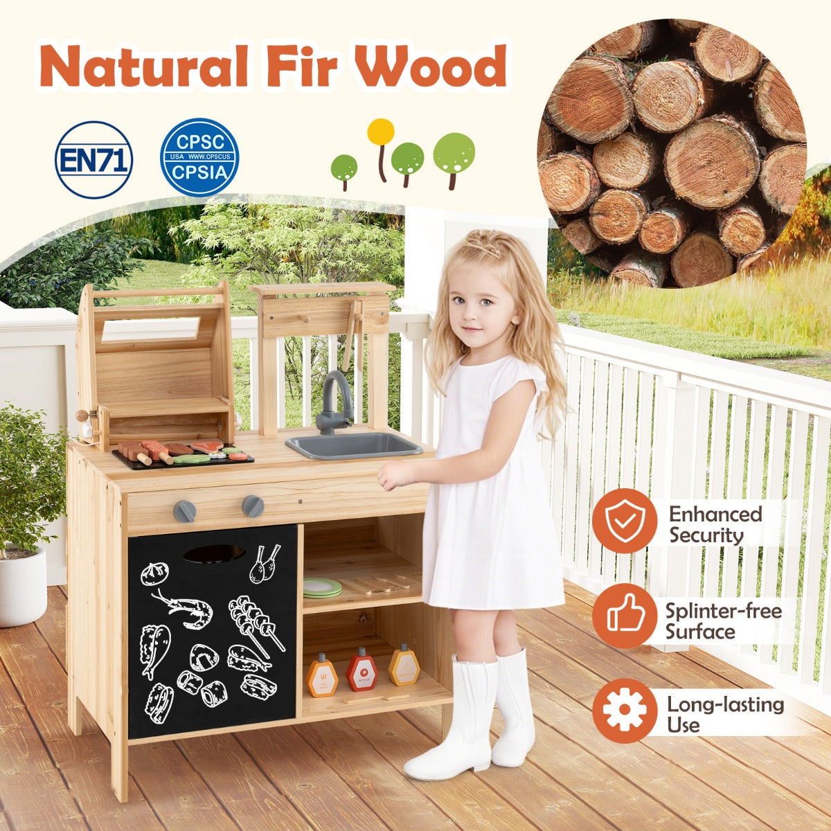 Wooden Barbecue Grill Playset Pretend Play Kitchen Set with Play Food-Natural