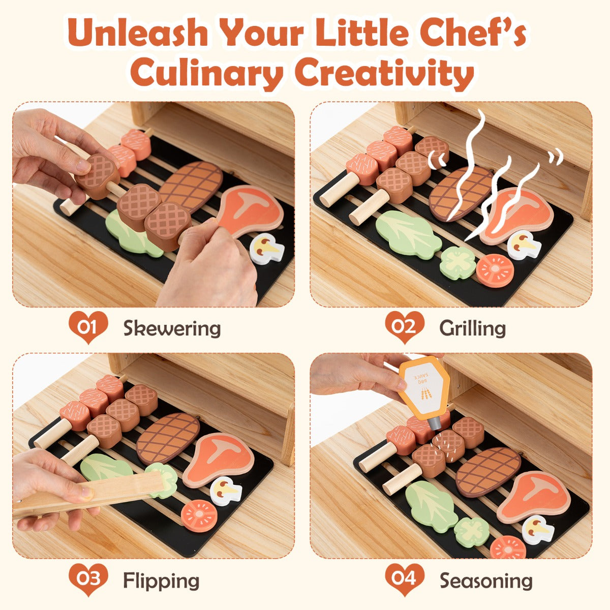 Wooden Barbecue Grill Playset Pretend Play Kitchen Set with Play Food-Natural