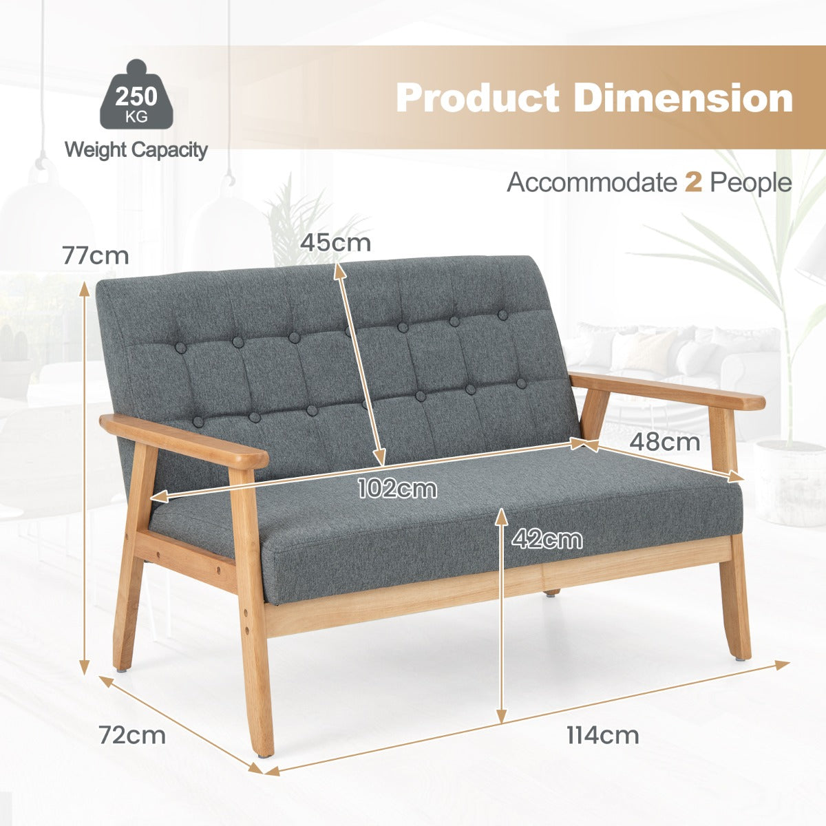 Linen loveseat sofa with comfortable two-seat design for relaxing with a loved one at home