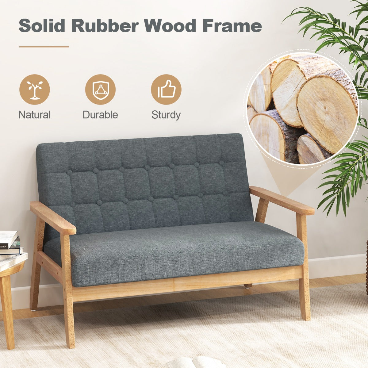 Solid rubber wood frame loveseat supports up to 250 kg for stable seating by two people