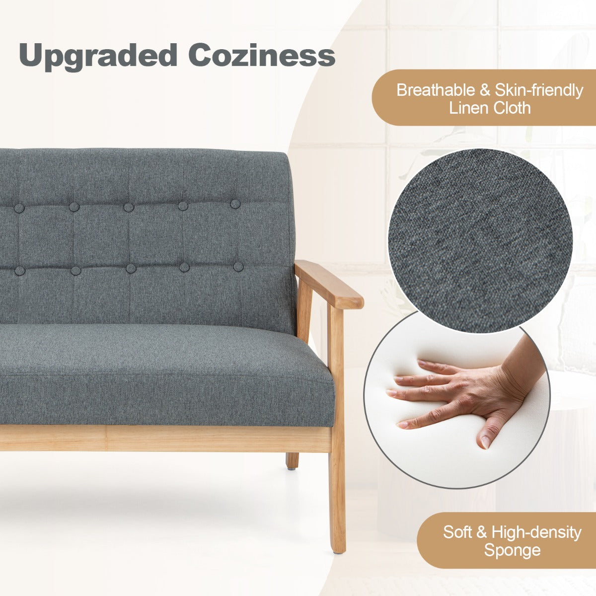 Tufted loveseat with adjustable foot pads that improve stability and protect floors from scratches