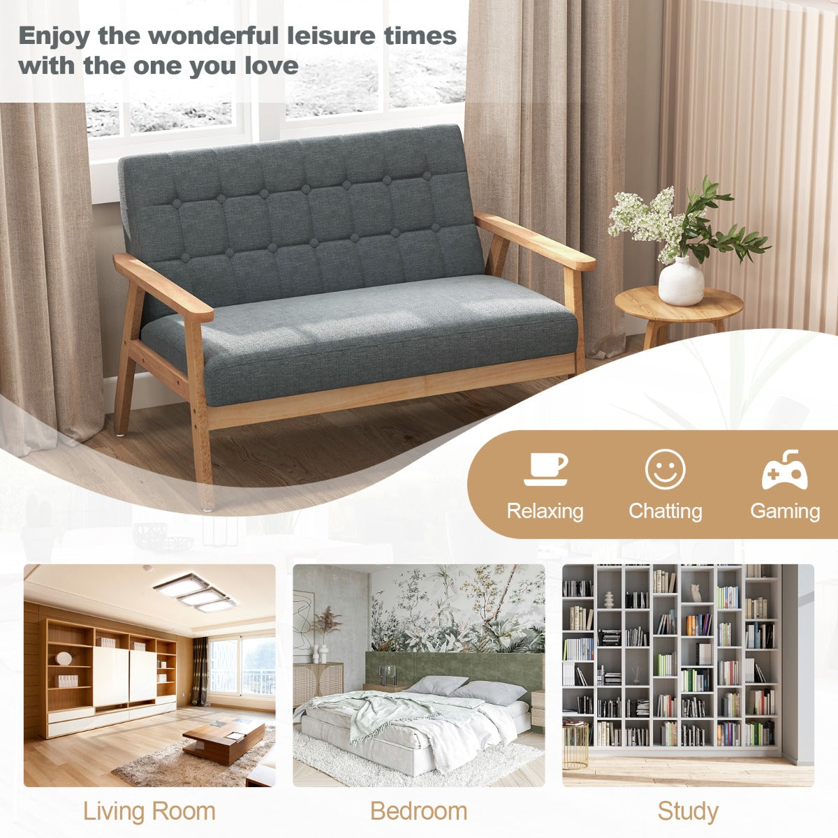 Costway 2-seat Cushioned Couch with Rubber Wood Frame