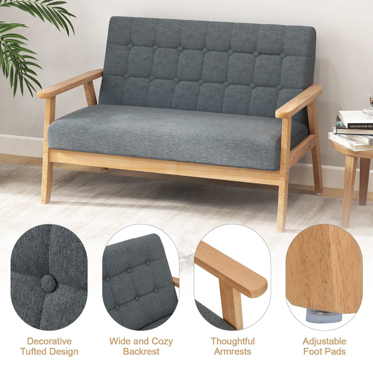 Costway 2-seat Cushioned Couch with Rubber Wood Frame