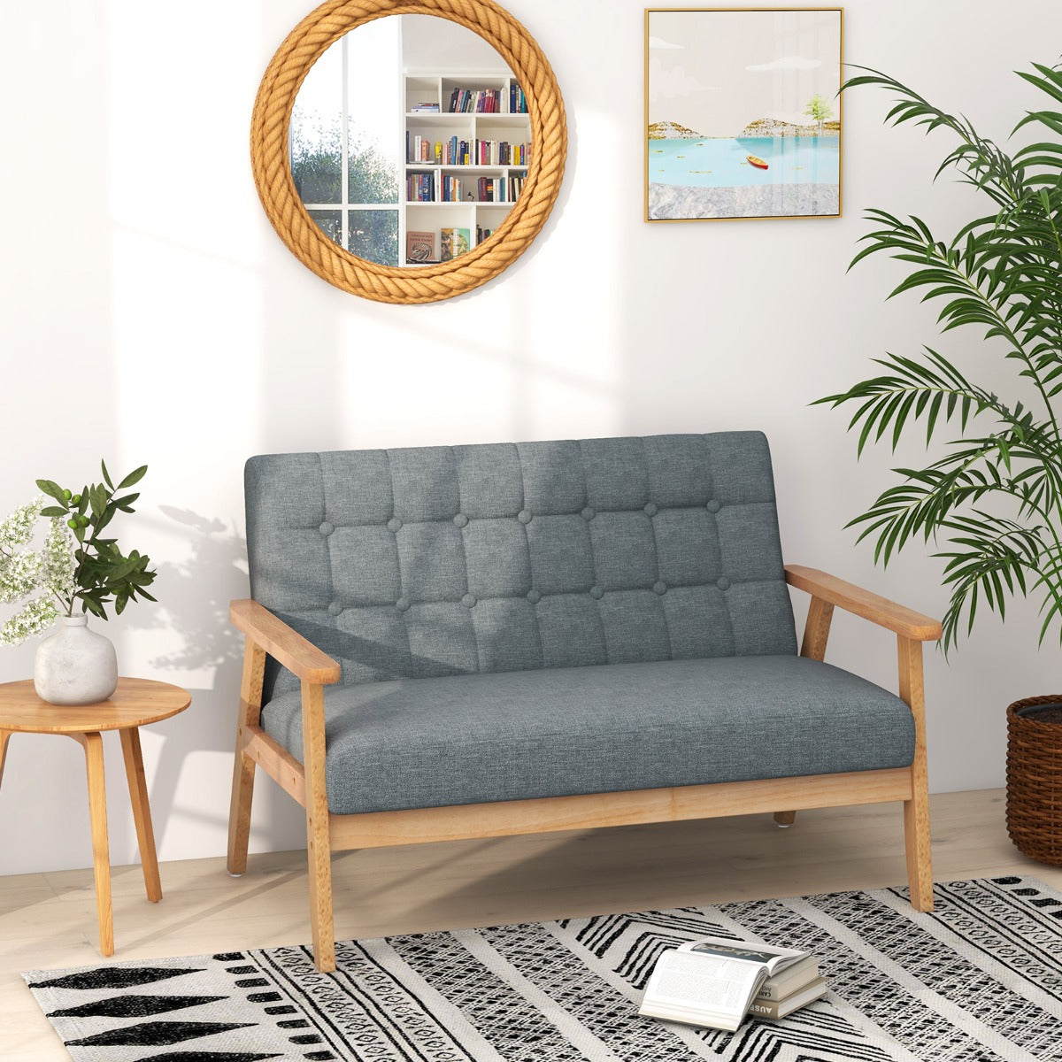 Compact two-seat couch suits living rooms, bedrooms, studies, apartments, and cozy seating areas