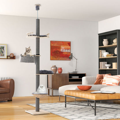 Floor to Ceiling Cat Tree with 2.3-2.7m Adjustable Height for Indoor Kittens and Adult Cats-Grey