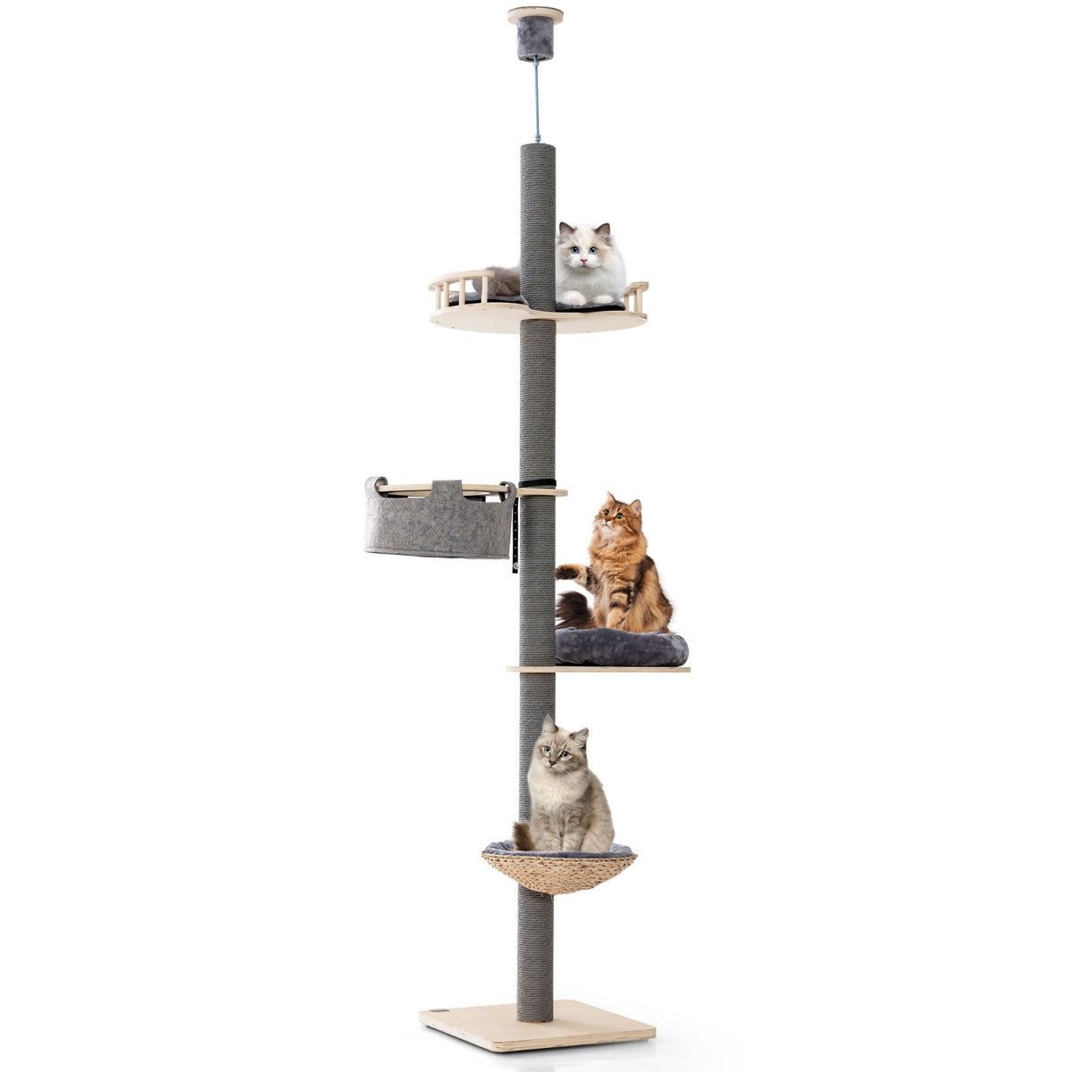 Floor to Ceiling Cat Tree with 2.3-2.7m Adjustable Height for Indoor Kittens and Adult Cats-Grey