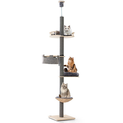 Floor to Ceiling Cat Tree with 2.3-2.7m Adjustable Height for Indoor Kittens and Adult Cats-Grey