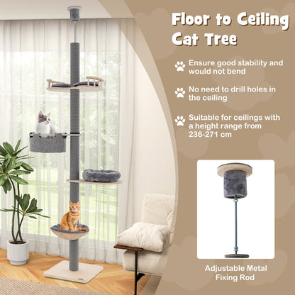 Floor to Ceiling Cat Tree with 2.3-2.7m Adjustable Height for Indoor Kittens and Adult Cats-Grey