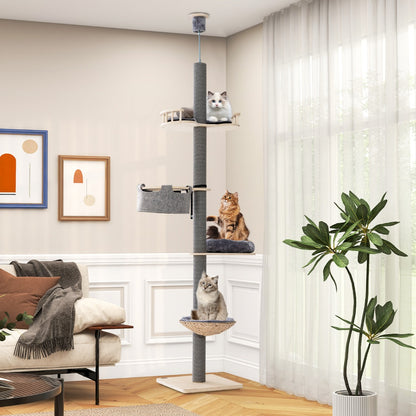 Floor to Ceiling Cat Tree with 2.3-2.7m Adjustable Height for Indoor Kittens and Adult Cats-Grey