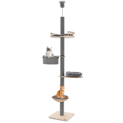 Floor to Ceiling Cat Tree with 2.3-2.7m Adjustable Height for Indoor Kittens and Adult Cats-Grey