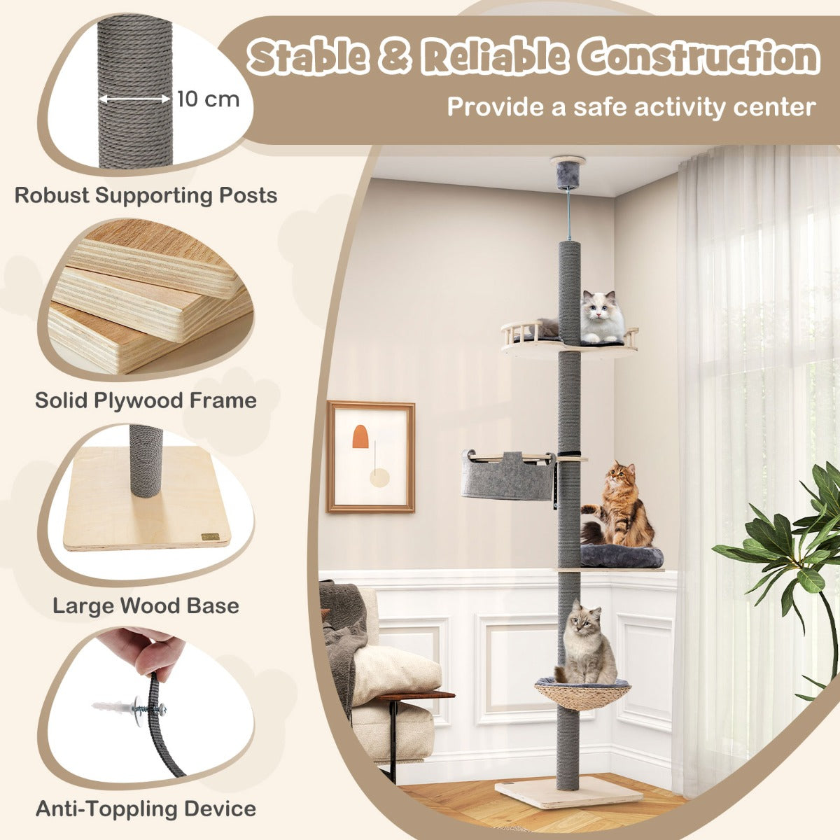 Floor to Ceiling Cat Tree with 2.3-2.7m Adjustable Height for Indoor Kittens and Adult Cats-Grey
