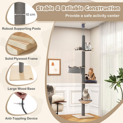 Floor to Ceiling Cat Tree with 2.3-2.7m Adjustable Height for Indoor Kittens and Adult Cats-Grey