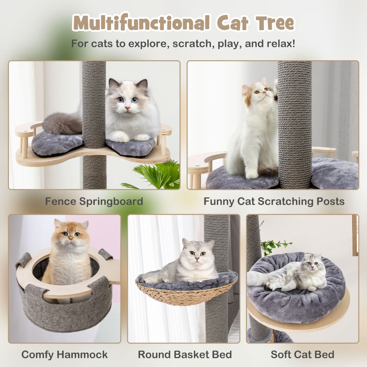 Floor to Ceiling Cat Tree with 2.3-2.7m Adjustable Height for Indoor Kittens and Adult Cats-Grey