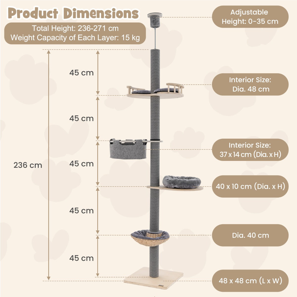 Floor to Ceiling Cat Tree with 2.3-2.7m Adjustable Height for Indoor Kittens and Adult Cats-Grey