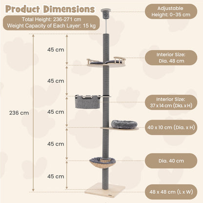 Floor to Ceiling Cat Tree with 2.3-2.7m Adjustable Height for Indoor Kittens and Adult Cats-Grey