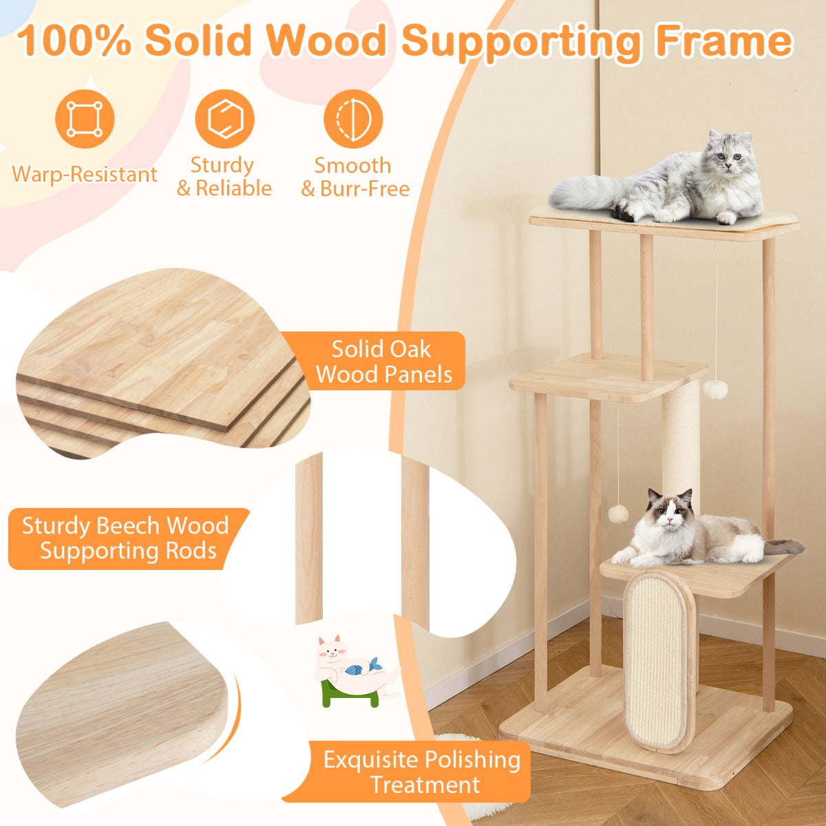Costway 126CM Tall Cat Tower with Solid Oak and Beech Wood Frame