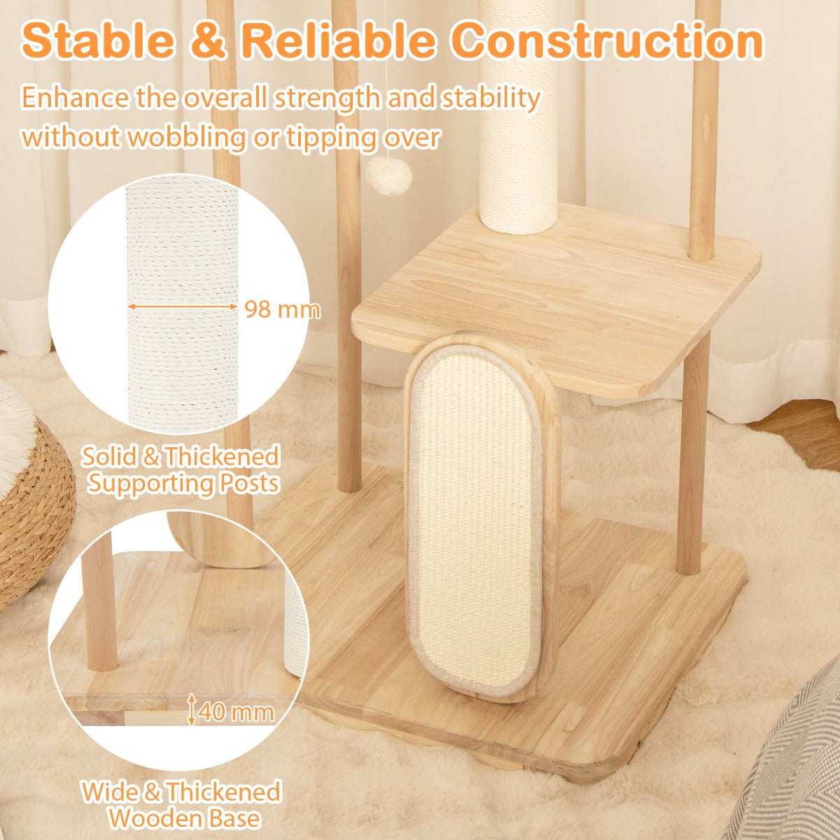 Costway 126CM Tall Cat Tower with Solid Oak and Beech Wood Frame