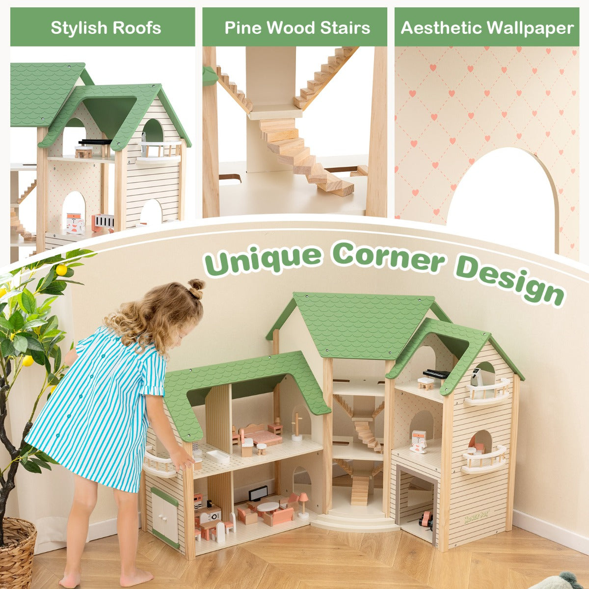 Educational dollhouse encourages creativity, fine motor skills, organization, and social interaction